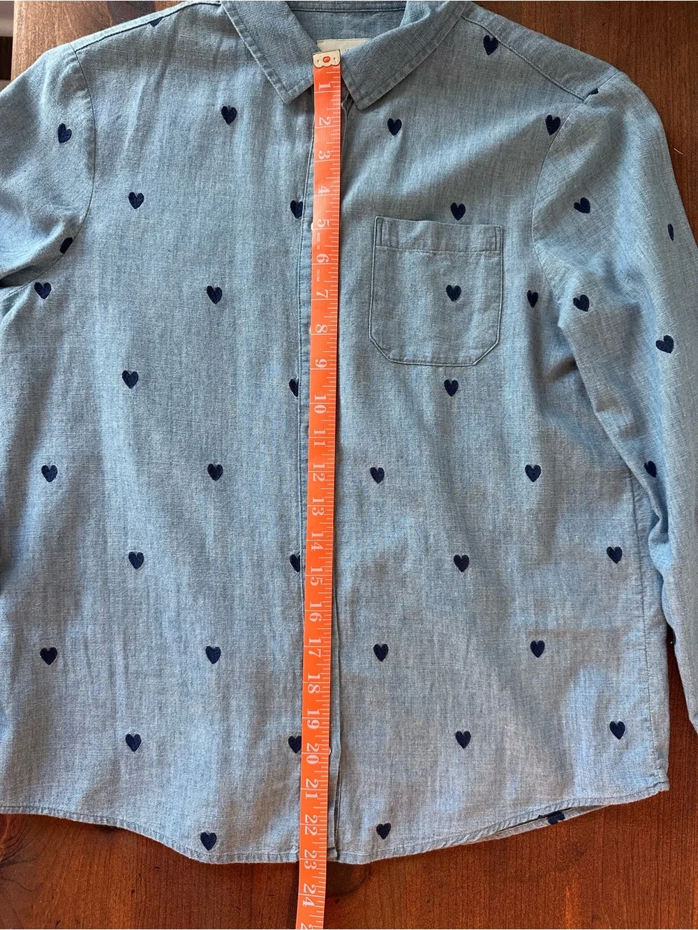 SEZANE Light Blue Chambray Button-Down Shirt with Navy Embroidered Heart Print - Picture 8 of 10